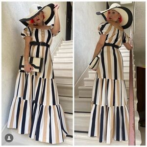 Caroline Constas Bardot Multicolor black white tan Striped Maxi Dress xs